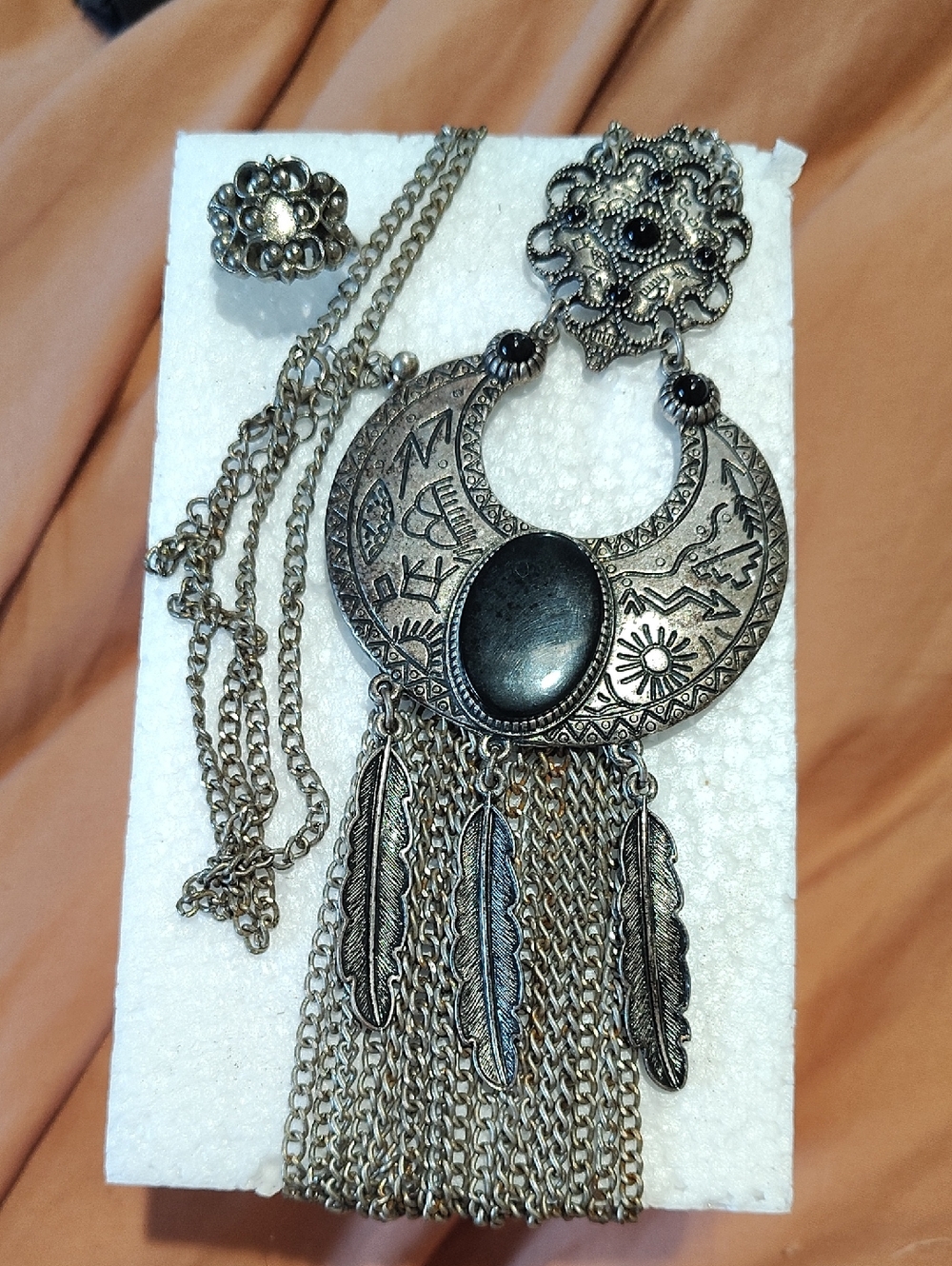 Antique Silver-Tone Boho Crescent Pendant Necklace with Black Stone & Ring Combo